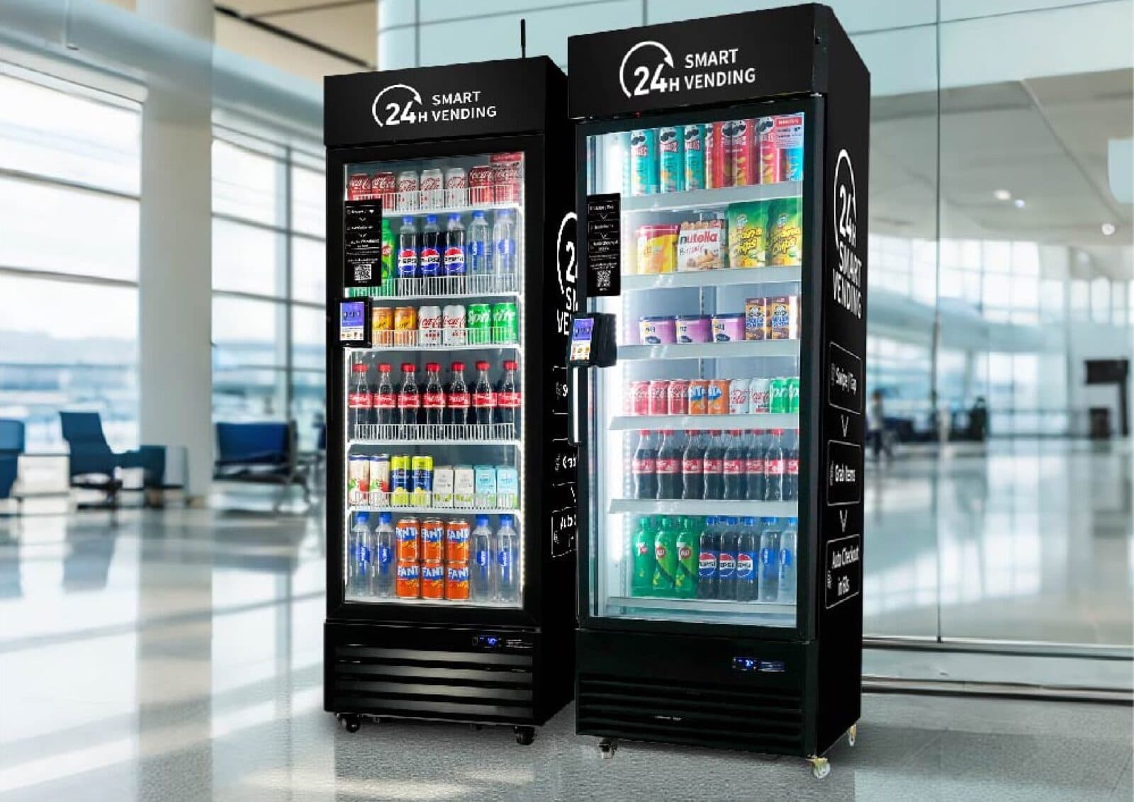 Travellers passing a bank of self-serve coolers in an airport concourse