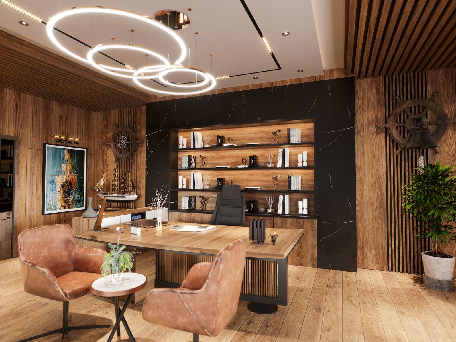Open-plan office with a shared kitchen and grab-and-go shelving