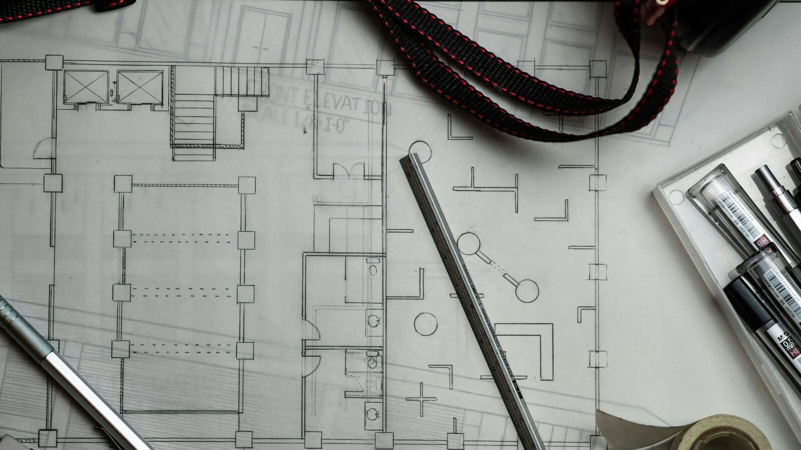 Architectural floor plans on a desk with a scale ruler and drafting tools